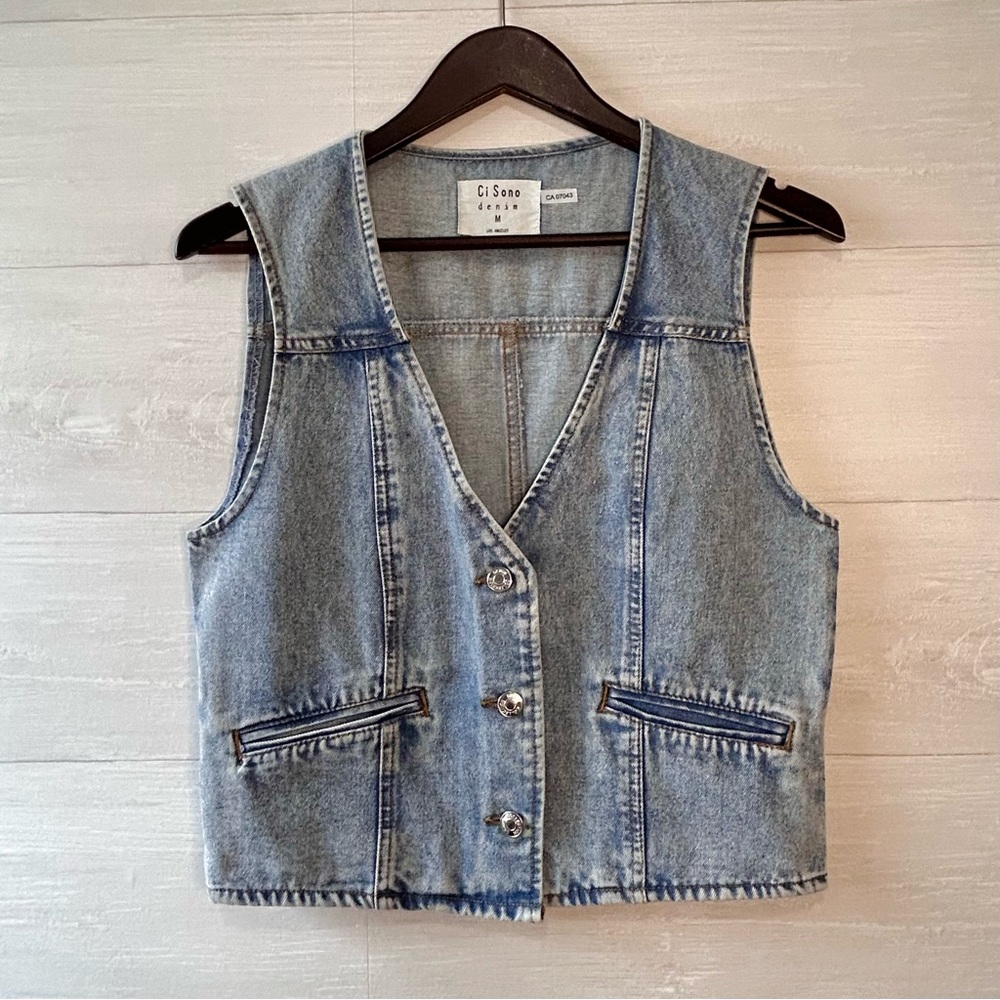 Ci Sono Collarless Deep V Denim Vest Blue